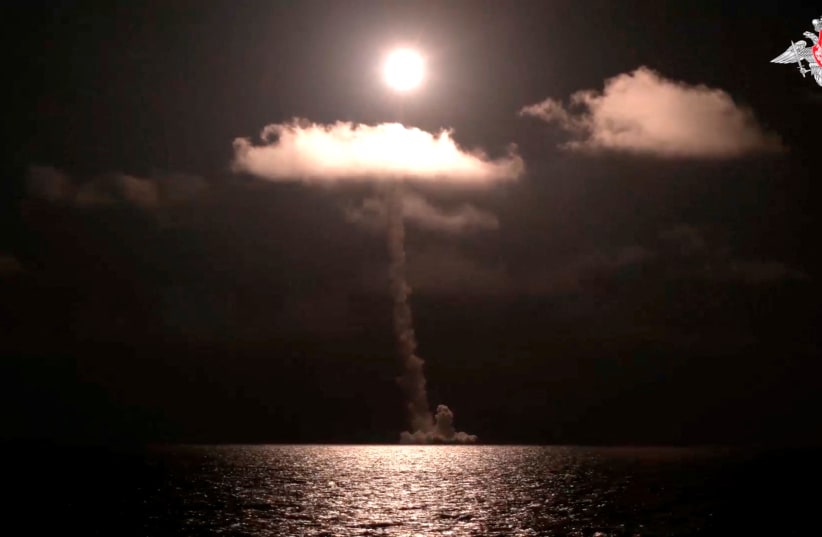  Russia's new nuclear-powered submarine Imperator Alexander III test launches the Bulava ballistic missile, designed to carry nuclear warheads, from the White Sea, in this screengrab taken from a video released on November 5, 2023 (photo credit: RUSSIAN DEFENSE MINISTRY/HANDOUT VIA REUTERS)