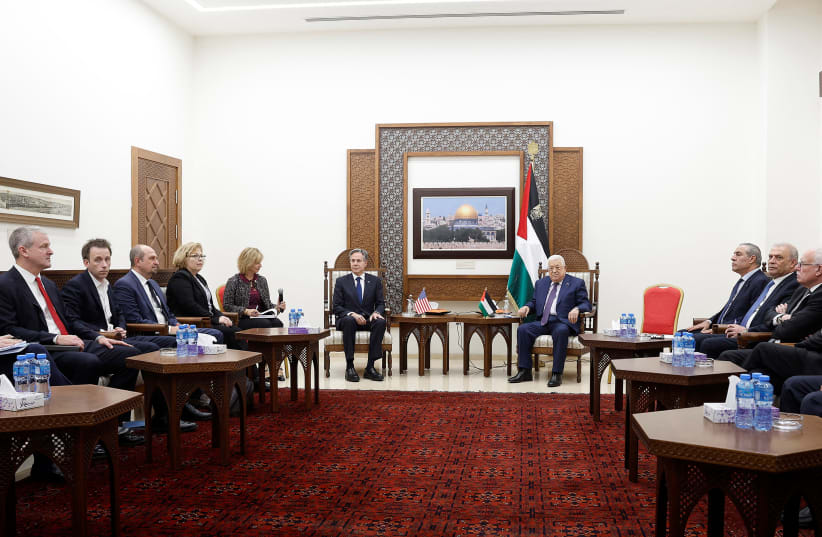  US Secretary of State Antony Blinken meets with Palestinian President Mahmoud Abbas, amid the ongoing conflict between Israel and the Palestinian Islamist group Hamas, at the Muqata in Ramallah, November 5, 2023. (photo credit: REUTERS/JONATHAN ERNST/POOL)