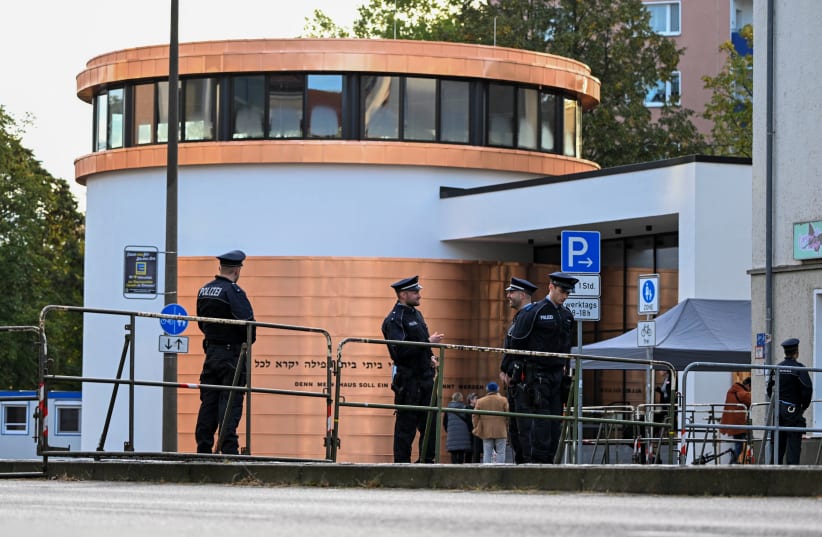  Police secures the area during the inauguration of the newly built synagogue in Dessau Rosslau, Germany, October 22, 2023. (photo credit: HENDRIK SCHMIDT/POOL VIA REUTERS)