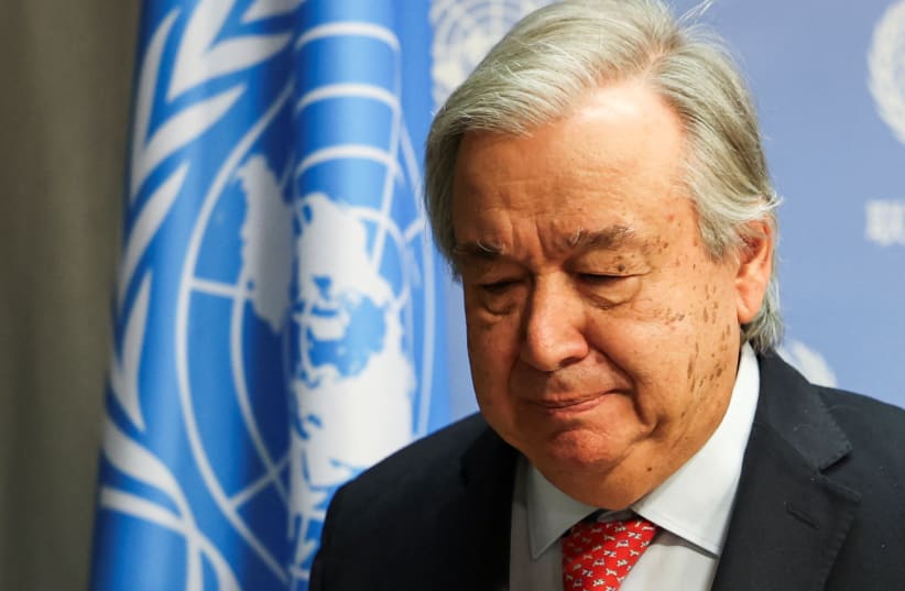  United Nations Secretary-General Antonio Guterres exits the press room after speaking at the United Nations prior to a meeting about the ongoing conflict in Gaza, at the United Nations Headquarters in New York City, U.S., November 6, 2023 (photo credit: CAITLIN OCHS/REUTERS)