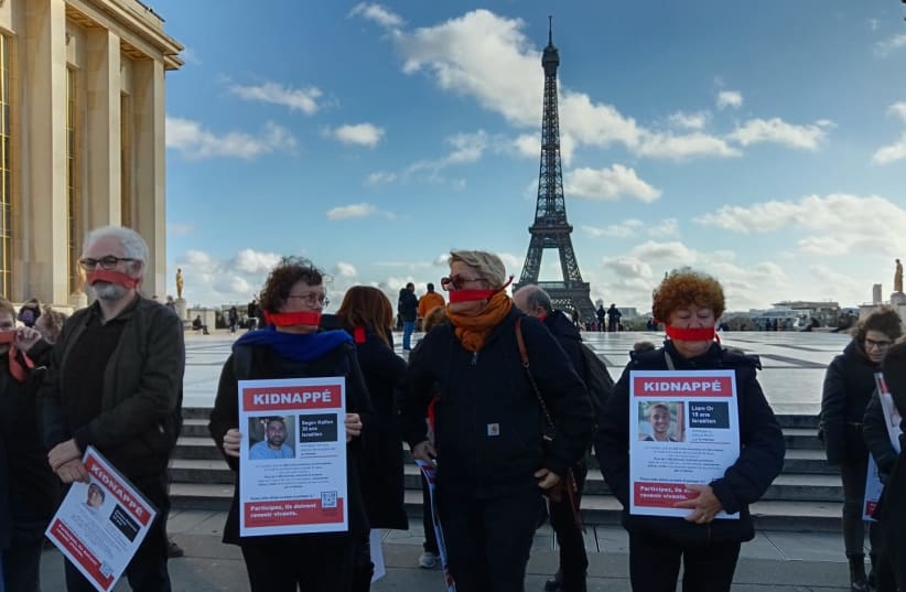  MORE THAN 200 people calling for the liberation of the hostages, at an event staged by the "October 7 Collective" association, Trocadero Square, Paris. (photo credit: RINA BASSIST)