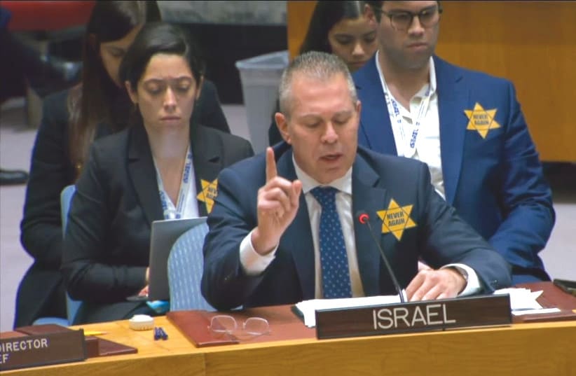  Israeli Ambassador to the UN Gilad Erdan and other members of the Israeli delegation wear a yellow Star of David at the UN Security Council last week. (photo credit: Screenshot/Maariv)