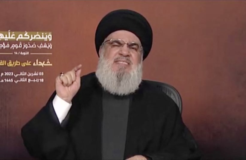  Hezbollah leader Sayyed Hassan Nasrallah delivers his first address since the October conflict between Palestinian group Hamas and Israel, from an unspecified location in Lebanon, in this screenshot taken from video obtained November 3, 2023. (photo credit: AL-MANAR VIA REUTERS)