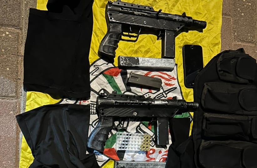  Two "Carlo" submachine guns confiscated by Israeli security forces after the arrest of suspects in Burka. November 11, 2023. (photo credit: IDF SPOKESPERSON UNIT)