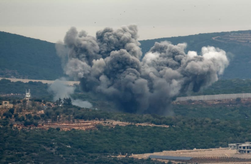  Smoke rises over Lebanon, as seen from Israel-Lebanon border in northern Israel, November 12, 2023 (photo credit: REUTERS/EVELYN HOCKSTEIN)