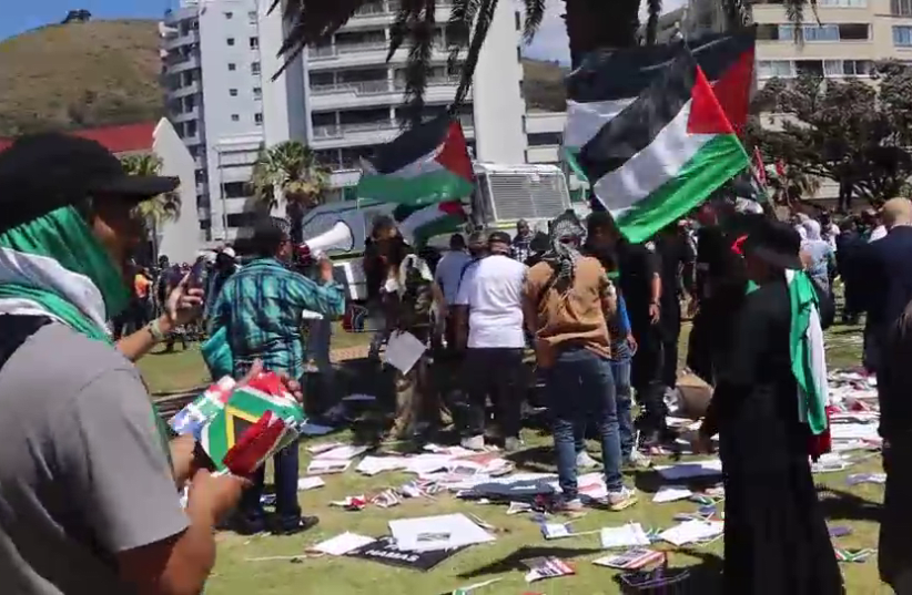  Pro-Palestinian protesters attack and disrupt a pro-Israel prayer rally in Cape Town. November 12, 2023 (photo credit: INTERNATIONAL CHRISTIAN EMBASSY JERUSALEM)