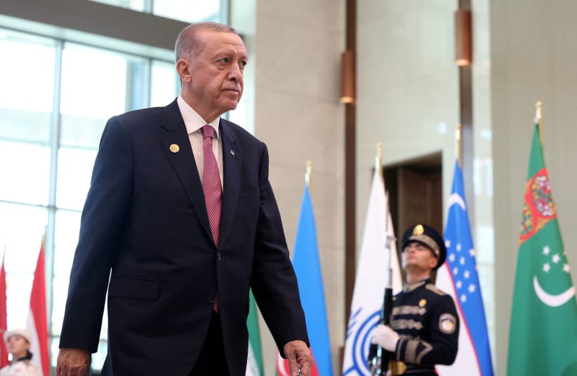 Turkey's President Tayyip Erdogan arrives at the 16th Economic Cooperation Organization Summit in Tashkent, Uzbekistan November 9, 2023. (photo credit: TURKISH PRESIDENTIAL PRESS OFFICE/VIA REUTERS)
