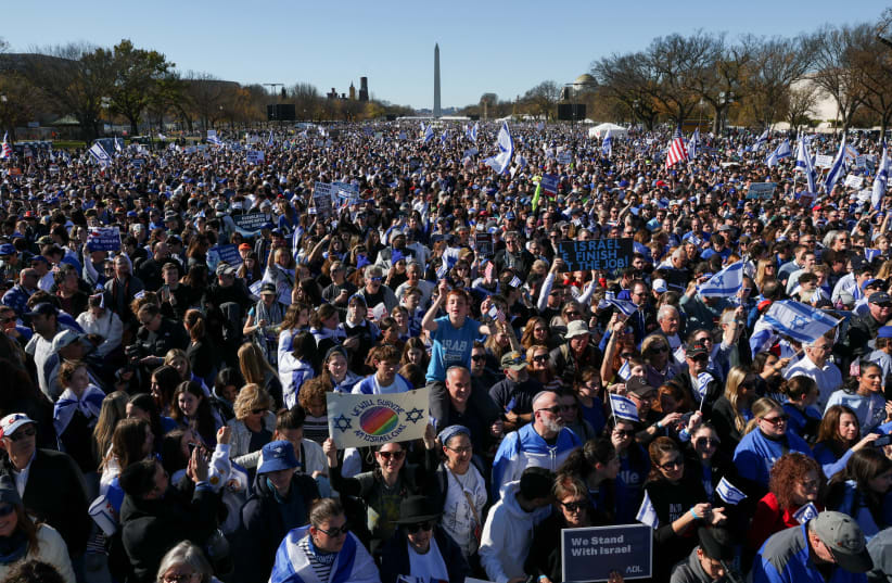 Israeli Americans and supporters of Israel gather in solidarity with Israel and protest against antisemitism, amid the ongoing conflict between Israel and the Palestinian group Hamas, during a rally on the National Mall in Washington, U.S, November 14, 2023. (photo credit: REUTERS/Elizabeth Franz)