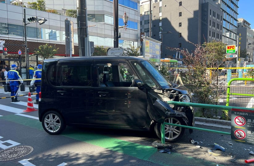 A view of the scene after a car crashed into a barricade near the Israeli embassy in Tokyo, Japan, November 16, 2023. (photo credit: REUTERS/Irene Wang)