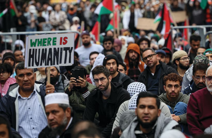  AN ANTI-ISRAEL demonstration takes places in New York City, last month (photo credit: BRENDAN MCDERMID/REUTERS)
