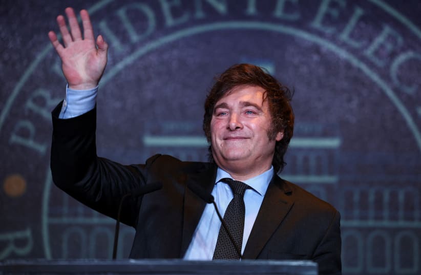 Argentine president-elect Javier Milei addresses supporters after winning Argentina's runoff presidential election, in Buenos Aires, Argentina November 19, 2023 (photo credit: REUTERS/AGUSTIN MARCARIAN)