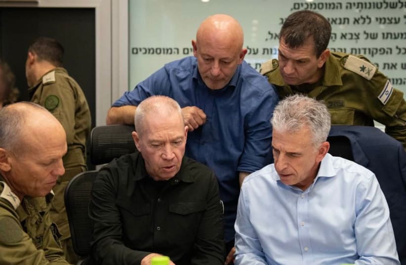  Defense Minister Yoav Gallant seen with Mossad director David Barnea as part of the war cabinet on November 19, 2023 (photo credit: PRIME MINISTER'S OFFICE)