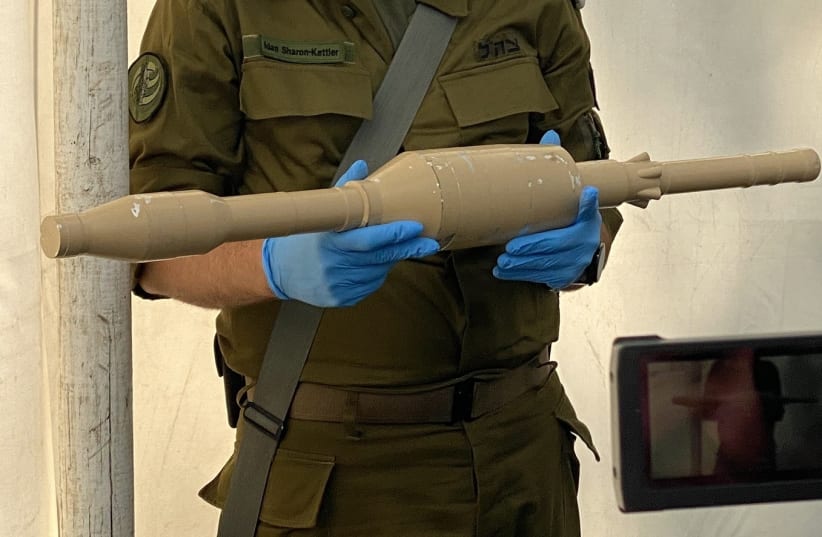  A Hamas-made RPG-7 dual warhead and thermobaric explosive rocket, Nov. 16, 2023. (photo credit: Aaron Poris/The Media Line)
