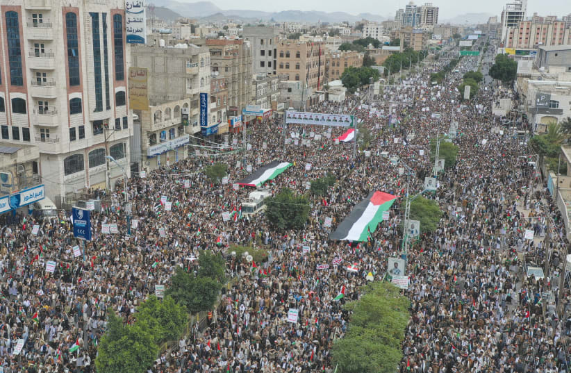  A MASSIVE DEMONSTRATION in support of the Palestinians in the Gaza strip takes place in Sanaa, Yemen, this past Saturday. (photo credit: Houthi Media Center/Reuters)