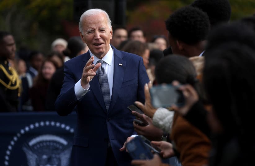  U.S. President Joe Biden greets the audience after he pardoned the National Thanksgiving Turkeys during the annual ceremony on the South Lawn at the White House in Washington, U.S., November 20, 2023. (photo credit: REUTERS/LEAH MILLIS)