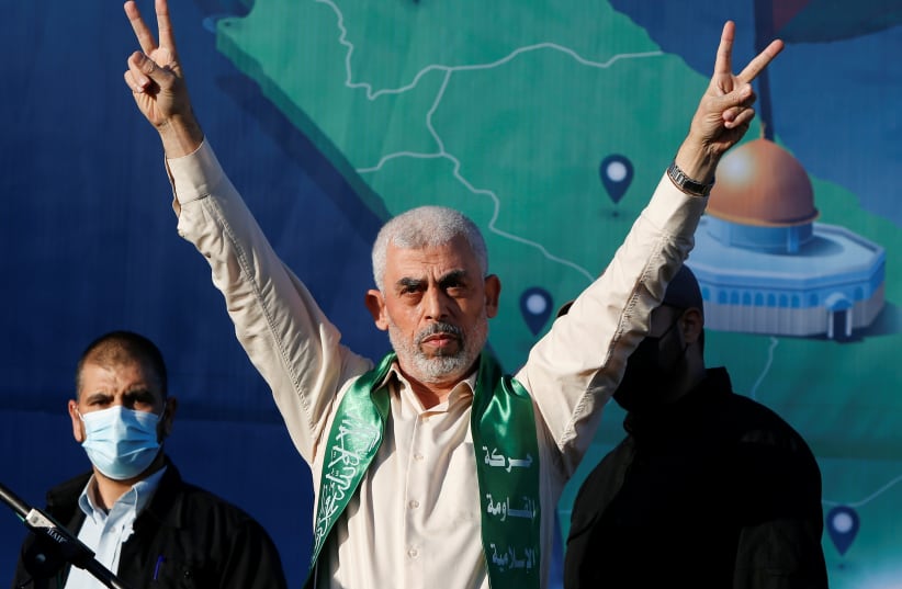  Hamas Gaza Chief Yahya Al-Sinwar gestures during an anti-Israel rally in Gaza City, May 24, 2021 (photo credit: MOHAMMED SALEM/REUTERS)
