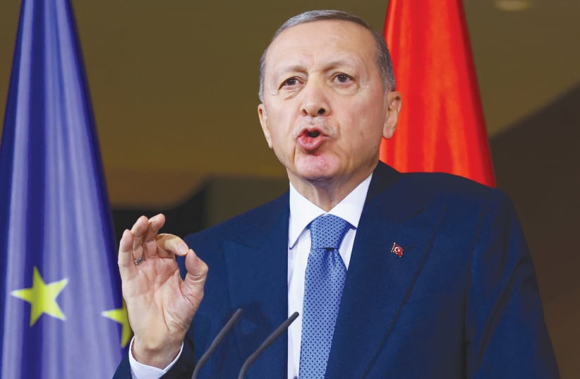  TURKISH PRESIDENT Tayyip Erdogan attends a news conference in Germany, this past week. While Erdogan calls on Israel to release all Palestinian prisoners, there are said to be over 38,000 Kurdish prisoners held in Turkish jails (photo credit: Fabrizio Bensch/Reuters)