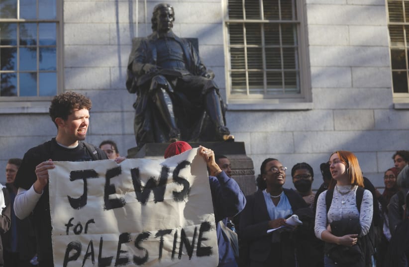  STUDENTS TAKE part in protest organized by Harvard Jews for Palestine, at Harvard University last week (photo credit: BRIAN SNYDER/REUTERS)