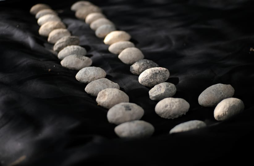  The ancient slingstones: the earliest evidence for warfare in the region (photo credit: EMIL ALADJEM/ISRAEL ANTIQUITIES AUTHORITY)