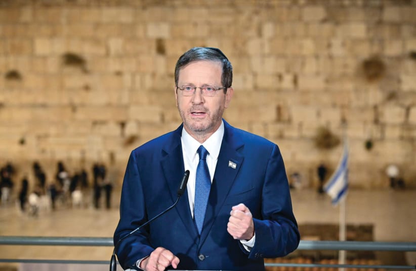  President Isaac Herzog broadcasts live from the Western Wall in Jerusalem to the March for Israel in Washington, last week. (photo credit: KOBI GIDEON/GPO)
