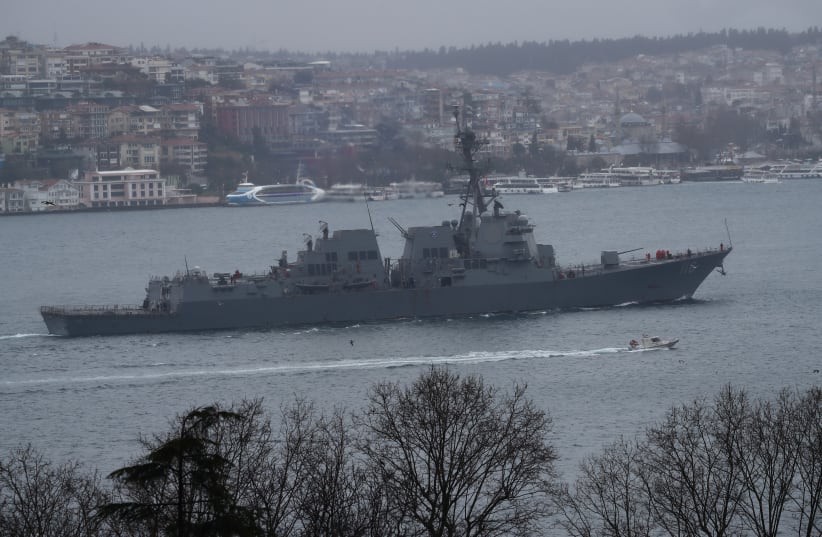  U.S. Navy guided-missile destroyer USS Thomas Hudner (DDG-116) sails in the Bosphorus, on its way to the Mediterranean Sea, in Istanbul, Turkey, March 23, 2021 (photo credit: REUTERS/MURAD SEZER)
