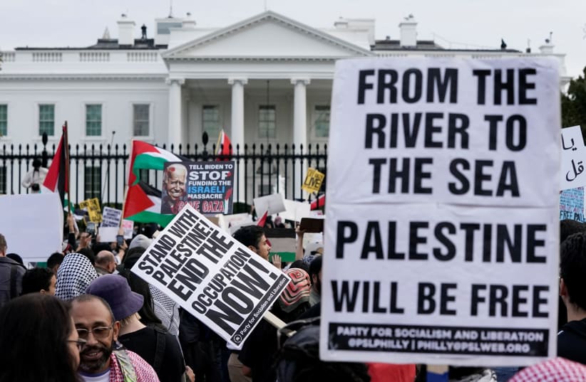  Demonstrators rally in support of Palestinians amid the ongoing conflict between Israel and Hamas, outside the White House in Washington, U.S., November 4, 2023 (photo credit: REUTERS/ELIZABETH FRANTZ)