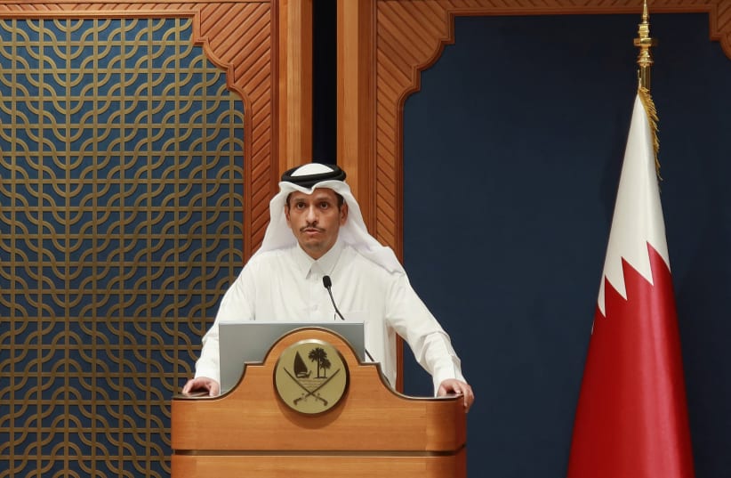  Qatar's Prime Minister and Foreign Minister Sheikh Mohammed bin Abdulrahman Al Thani attends a joint press conference with French Foreign Minister Catherine Colonna (not pictured) at the Amiri Diwan, in Doha, Qatar November 5, 2023 (photo credit: REUTERS/IMAD CREIDI)