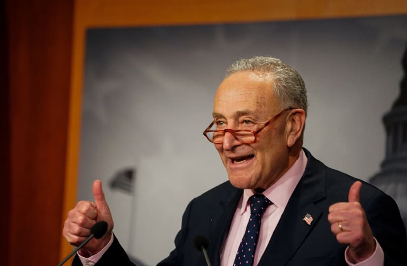  U.S. Senate Majority Leader Chuck Schumer (D-NY) holds a press conference after the Senate passed a continuing resolution to avoid a shutdown of the federal government, in Washington, U.S., November 15, 2023. (photo credit: REUTERS/ELIZABETH FRANTZ)