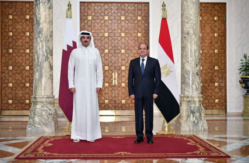  Egypt's President Abdel Fattah El-Sisi meets with Qatar's Emir Sheikh Tamim bin Hamad Al Thani at the Ittihadiya presidential palace in Cairo, Egypt, November 10, 2023 (photo credit: THE EGYPTIAN PRESIDENCY/HANDOUT VIA REUTERS)
