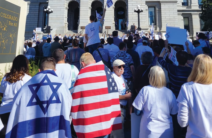  JEWS FROM all backgrounds and many others rally in support of Israel at the Colorado State Capitol building, last month. The speakers included the Colorado governor and the two US senators representing the state.  (photo credit: Eliot Penn)
