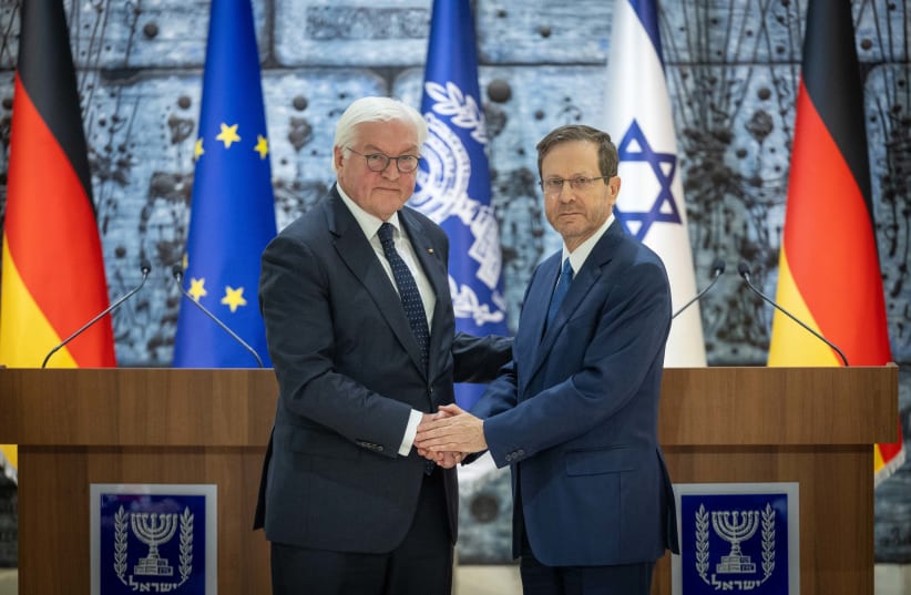  German President Frank-Walter Steinmeier meets with Israeli president Isaac Herzog at the president's residence in Jerusalem on November 26, 2023 (photo credit: YONATAN SINDEL/FLASH90)