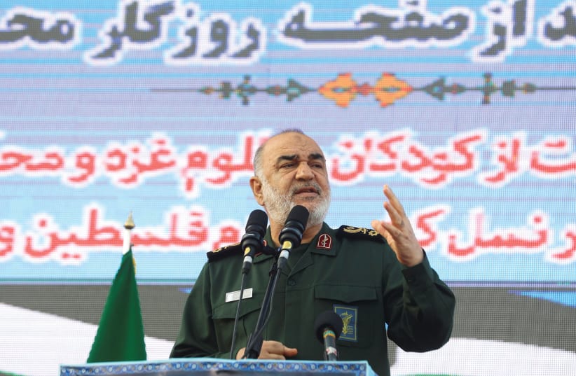  ISLAMIC REVOLUTIONARY Guard Corps Commander-in-Cheif Major General Hossein Salami speaks at an anti-Israel protest in Tehran on Saturday. The IRGC trained Hezbollah to use human shields, say the writers. (photo credit: WEST ASIA NEWS AGENCY/REUTERS)