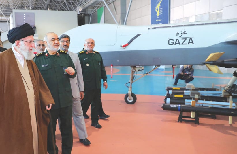  Iran's Supreme Leader Ali Khamenei views an Iranian drone during his visit last week to the Islamic Revolutionary Guard Corps Aerospace Force. (photo credit: Office of the Iranian Supreme Leader/WANA via REUTERS)