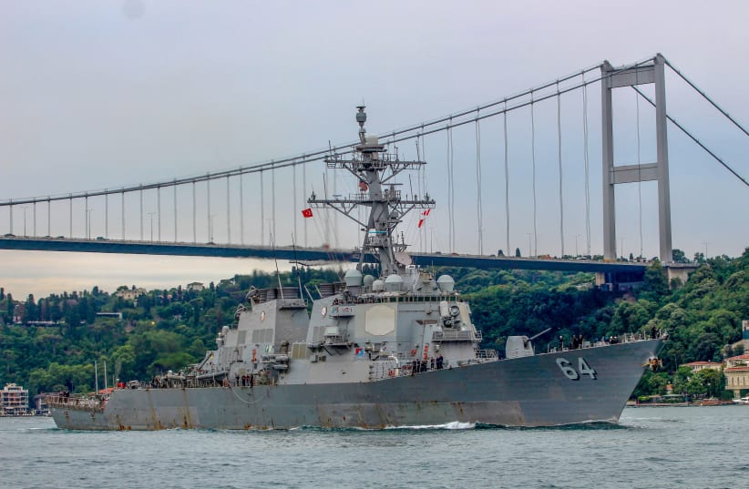  The U.S. Navy destroyer USS Carney (DDG 64) sets sail in the Bosphorus in Istanbul, Turkey, July 14, 2019 (photo credit: REUTERS/YORUK ISIK)
