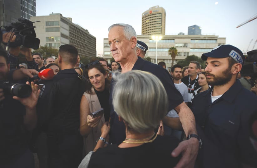  WAR CABINET member and head of the National Unity party Benny Gantz visits Hostages Square next to Tel Aviv Museum of Art last week.  (photo credit: GILI YAARI/FLASH90)