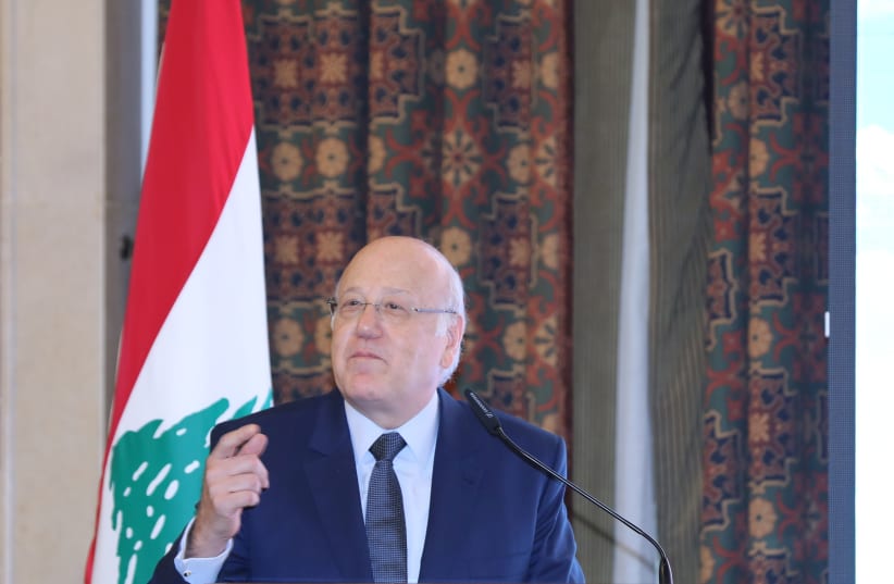 Lebanese Prime Minister Najib Mikati speaks at the government palace in Beirut, Lebanon November 4, 2021. (photo credit: DALATI NOHRA / REUTERS)