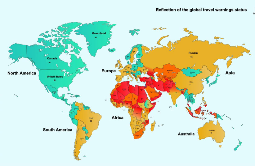  A map detailing the threat level for traveling Israelis across the globe (photo credit: JERUSALEM POST, Maariv Online)