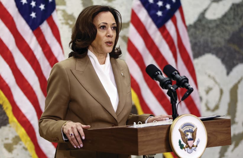  US VICE PRESIDENT Kamala Harris delivers remarks on the Hamas-Israel war, at a news conference held on the sidelines of the UN Climate Change Conference in Dubai, this past Saturday.  (photo credit: Amr Alfiky/Reuters)
