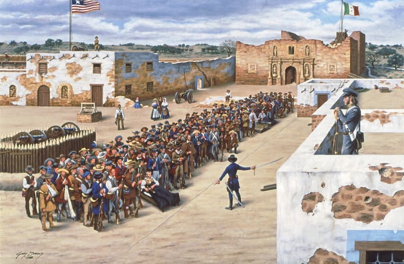  An illustration by Gregory Zaboly depicting William B. Travis drawing a line in the sand. (photo credit: ALAMO)