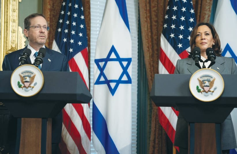  PRESIDENT ISAAC Herzog and US Vice President Kamala Harris meet in Washington, earlier this year. Harris has warned against ‘settler violence.’ (photo credit: Nathan Howard/Reuters)