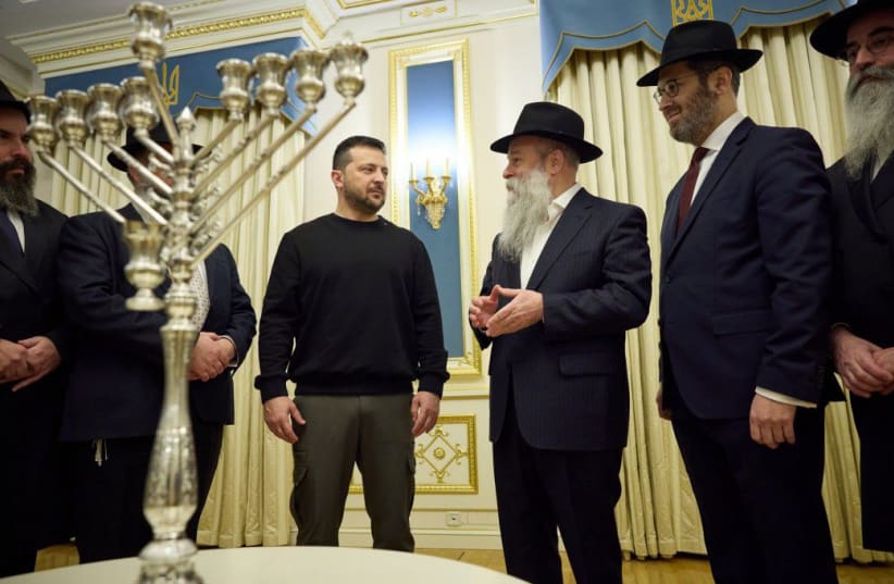  Ukrainian President Volodymyr Zelensky with Ukrainian rabbis on the first night of Hanukkah. December 7, 2023. (photo credit: President's office of Ukraine)