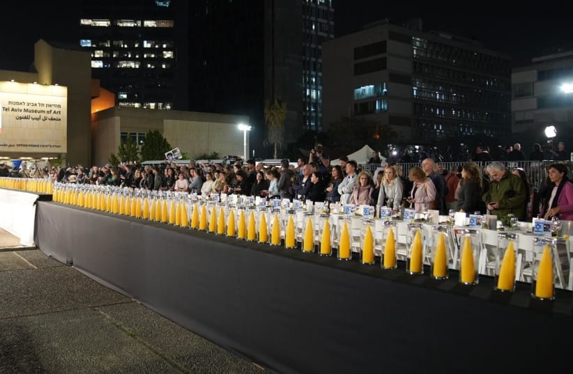  Lighting 138 candles on the Menorah in honor of the captives in Gaza (photo credit: Hostage and Missing Families Forum)