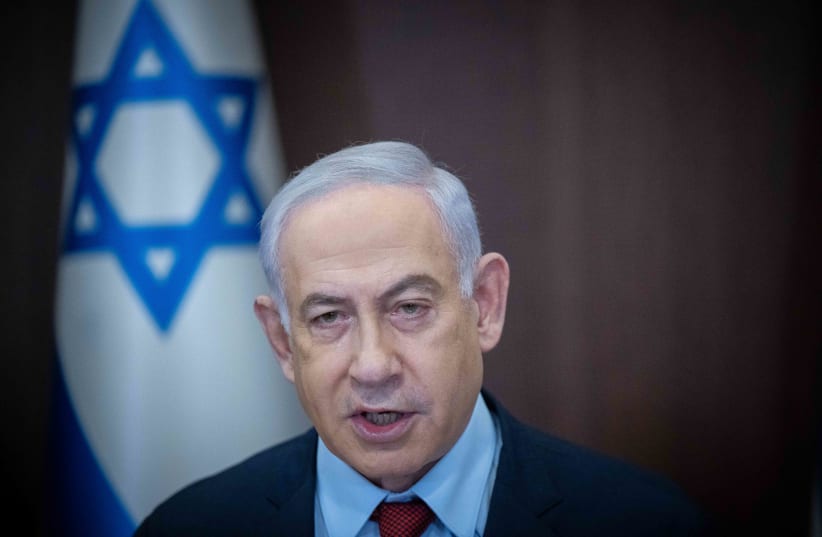  Israeli Prime Minister Benjamin Netanyahu leads a government conference at the Prime Minister's office in Jerusalem on December 10, 2023. (photo credit: YONATAN SINDEL/FLASH90)