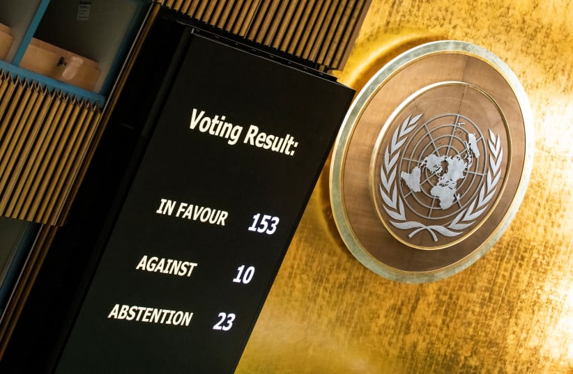  A screen shows the voting results during the meeting of the United Nations General Assembly on ceasefire resolution in Gaza, in New York City, US, December 12, 2023 (photo credit: REUTERS/EDUARDO MUNOZ)