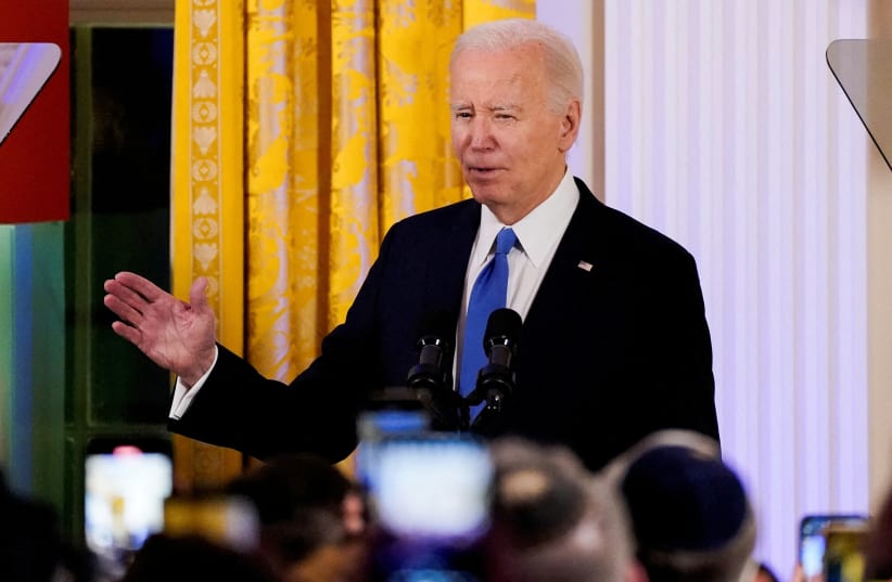  US PRESIDENT Joe Biden speaks at a Hanukkah reception at the White House, on Monday. He said that Israel is ‘starting to lose’ the support of international public opinion. (photo credit: Elizabeth Frantz/Reuters)