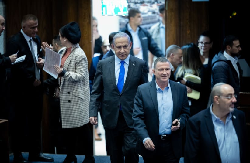  Prime Minister Benjamin Netanyahu at the Knesset during a vote on the state budget in Jerusalem, December, 2023 (photo credit: YONATAN SINDEL/FLASH90)