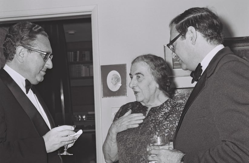  (FROM L) US secretary of state Henry Kissinger, prime minister Golda ‘the only woman in the room’ Meir, and Israeli ambassador to the US Simha Dinitz at the ambassador’s house in Washington, DC, 1970s. (photo credit: Moshe Milner/GPO)