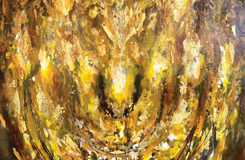  ‘MENORAH CYCLE,’ acrylic with gold leaf on canvas, 130 x 100 cm., 2018-2020. (photo credit: Courtesy Yoram Raanan)