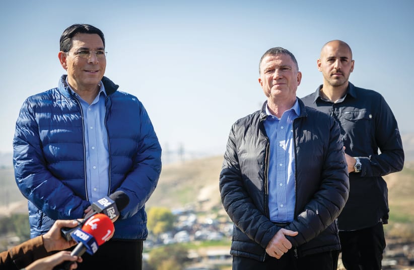  LIKUD MK Danny Danon (left) visits Khan al-Ahmar in January with fellow MK Yuli Edelstein. ‘Whenever there are wars, people leave and seek better futures elsewhere.’ (photo credit: YONATAN SINDEL/FLASH90)