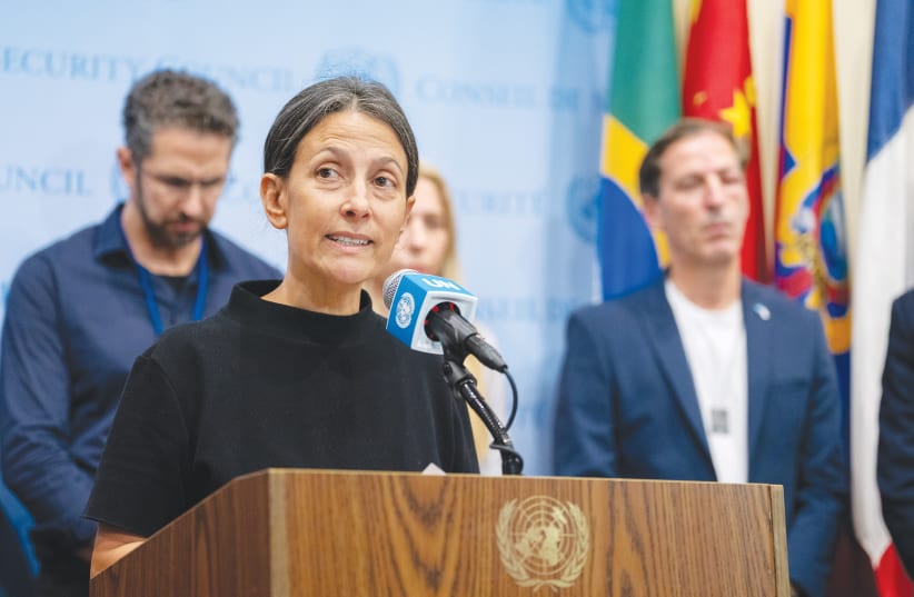  RACHEL GOLDBERG addresses the media at United Nations headquarters in New York in October. (photo credit: David Dee Delgado/Getty Images)